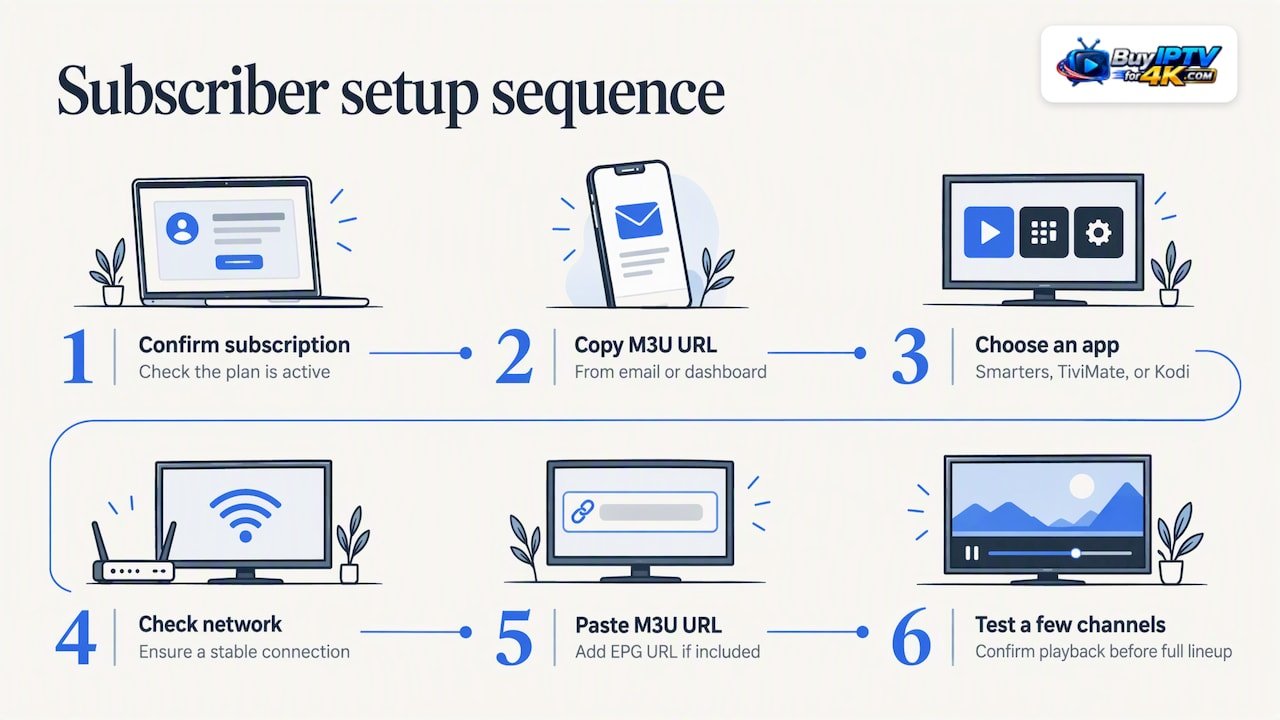 How BuyIPTVfor4K subscribers get a working M3U set up fast — overview diagram