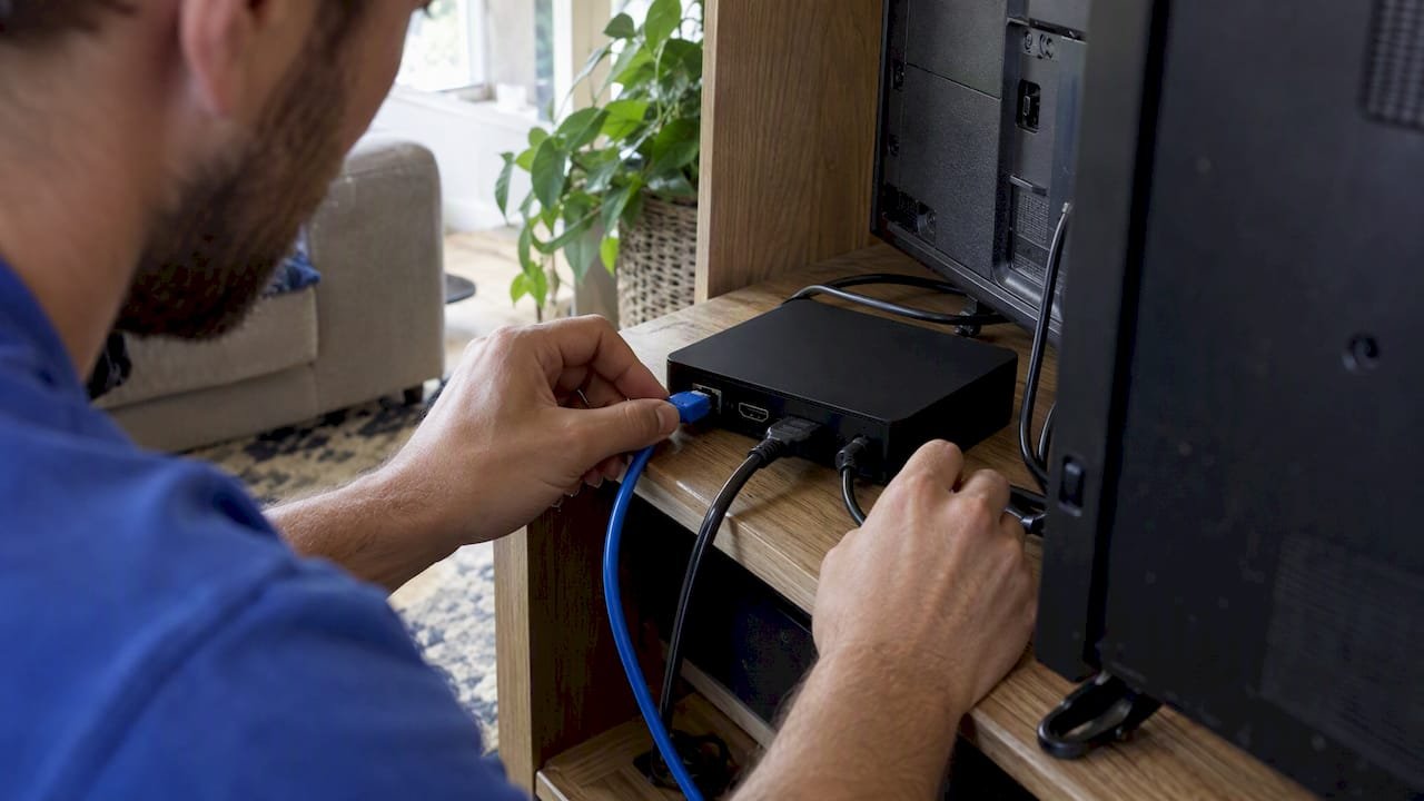 MAG set-top box connected behind a television