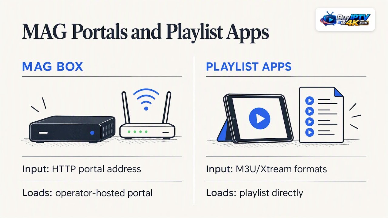 MAG portal flow contrasted with playlist app formats
