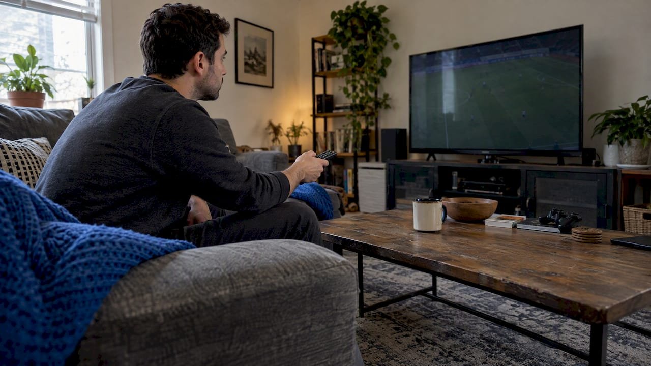 Viewer checking a soccer channel before kickoff
