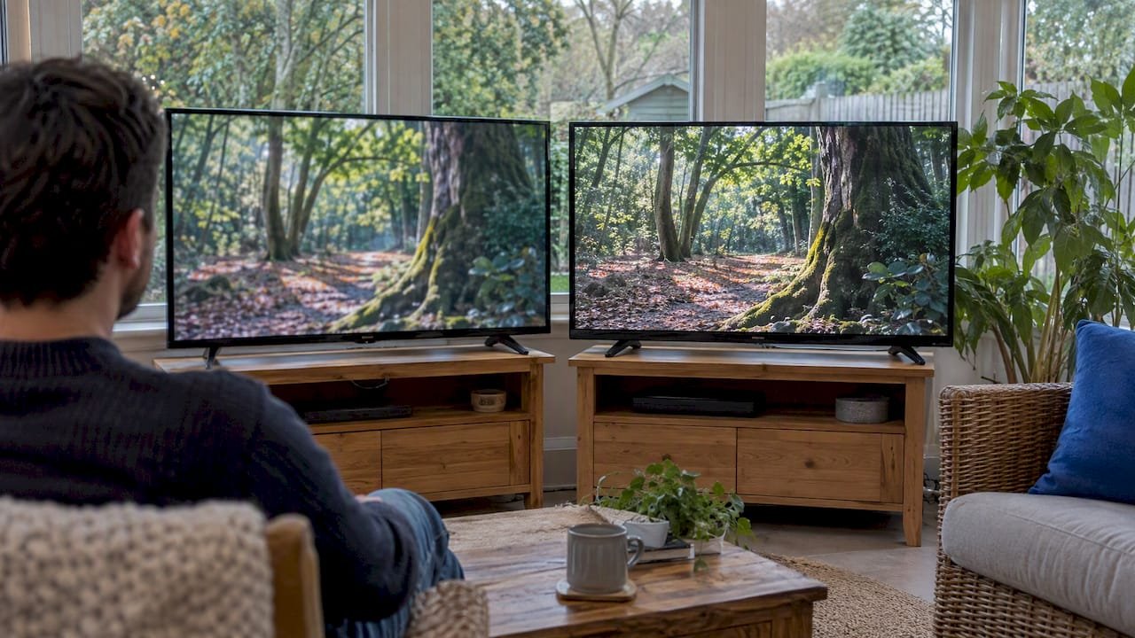 Two televisions showing different picture sharpness