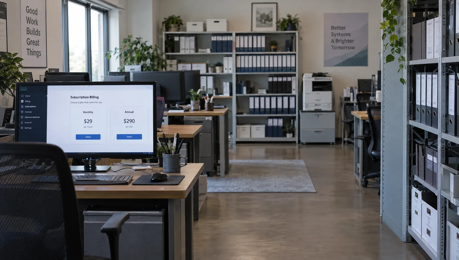 A billing office workstation displays monthly and annual subscription options for comparing IPTV costs.