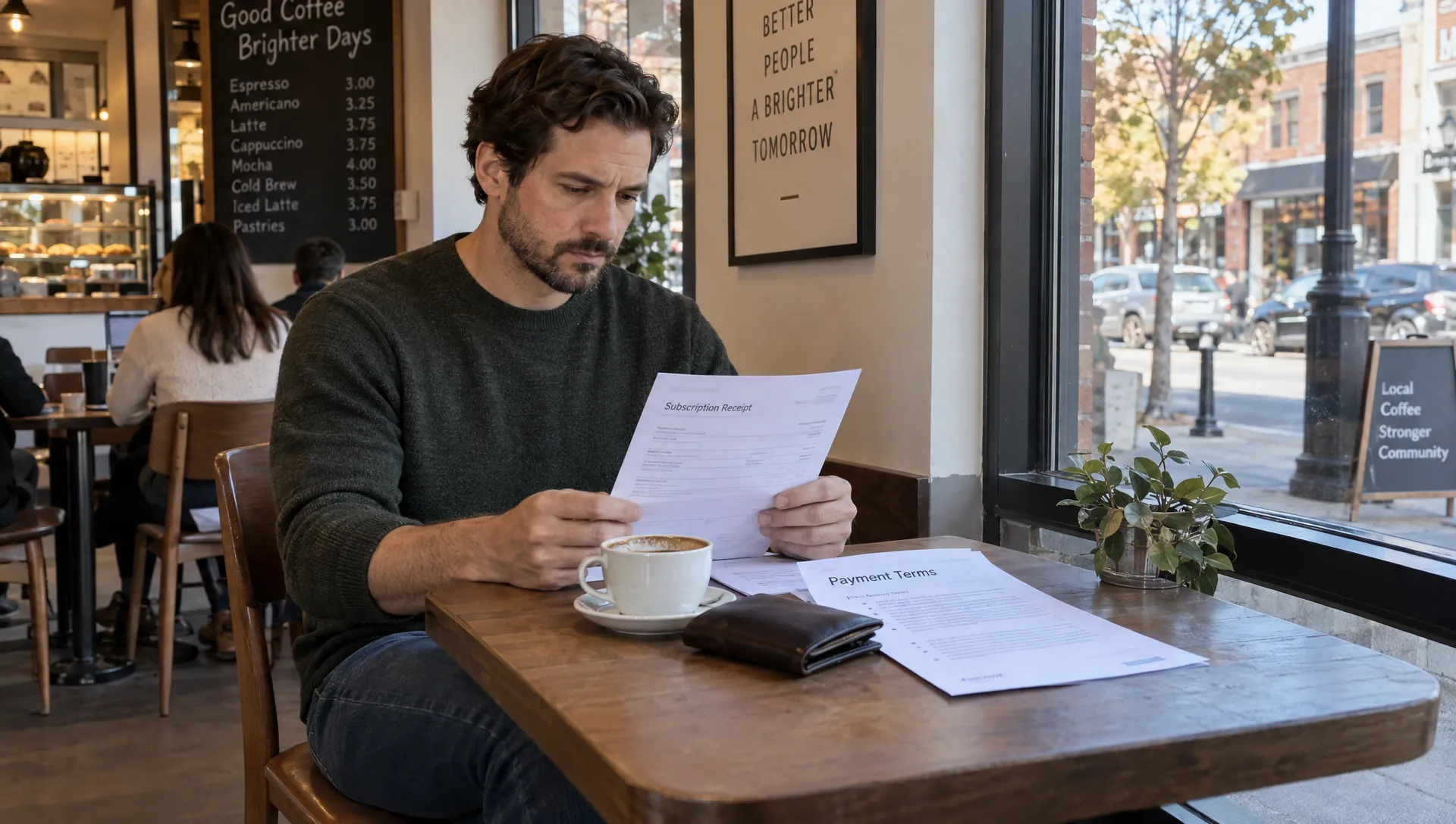 A café customer reviews an IPTV subscription receipt and renewal terms before deciding whether to pay.