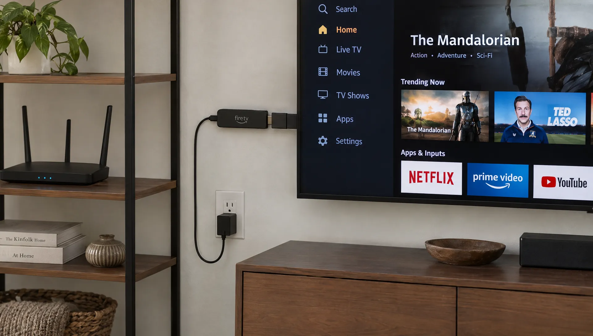 A Fire TV Stick 4K connects to a television through an HDMI extender, with its power adapter in a nearby outlet and the Wi-Fi router on an open shelf.