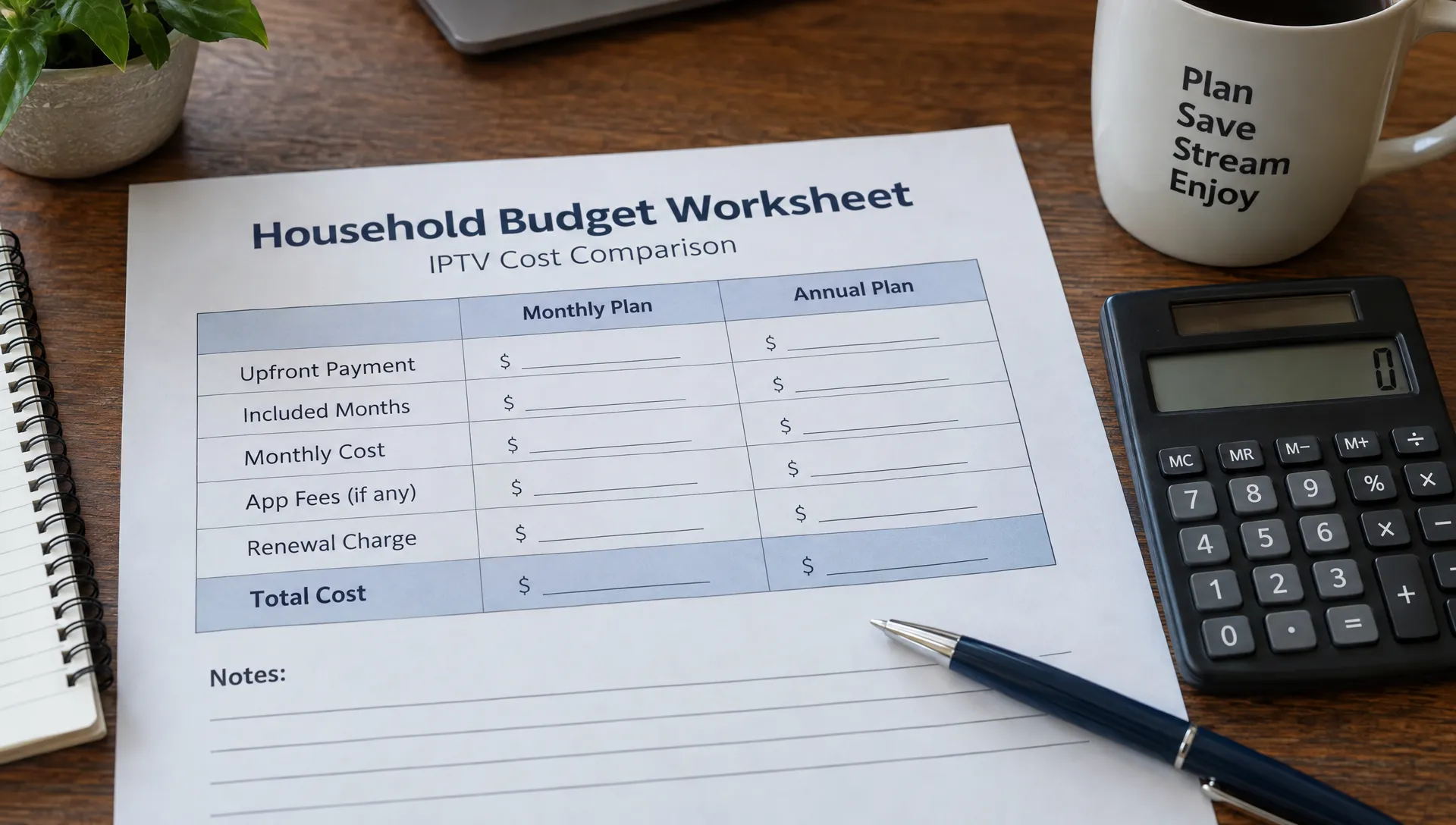 A household budget worksheet compares IPTV monthly and annual costs, with space for upfront payment, included months, app fees, and renewal charges beside a calculator.
