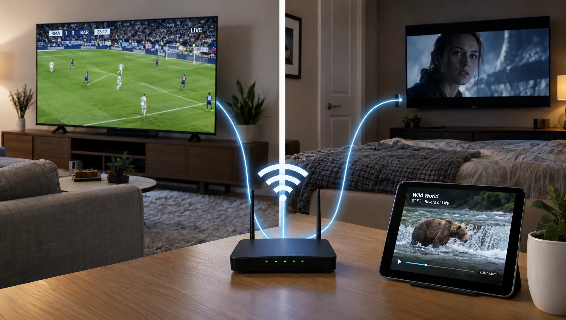 A living-room television showing soccer, a bedroom television showing a movie and a tablet playing a nature program are connected through one home router as a household uses three IPTV streams.