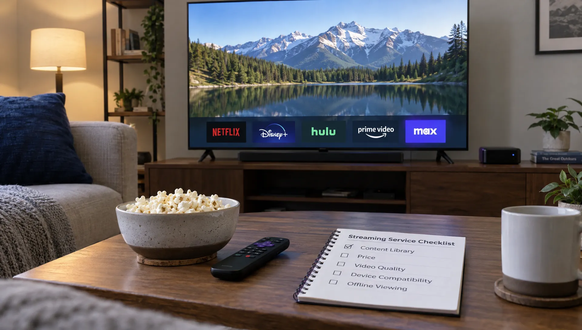 A living-room television shows a mountain landscape beside a streaming device, while a viewing checklist rests on the coffee table for comparing services.