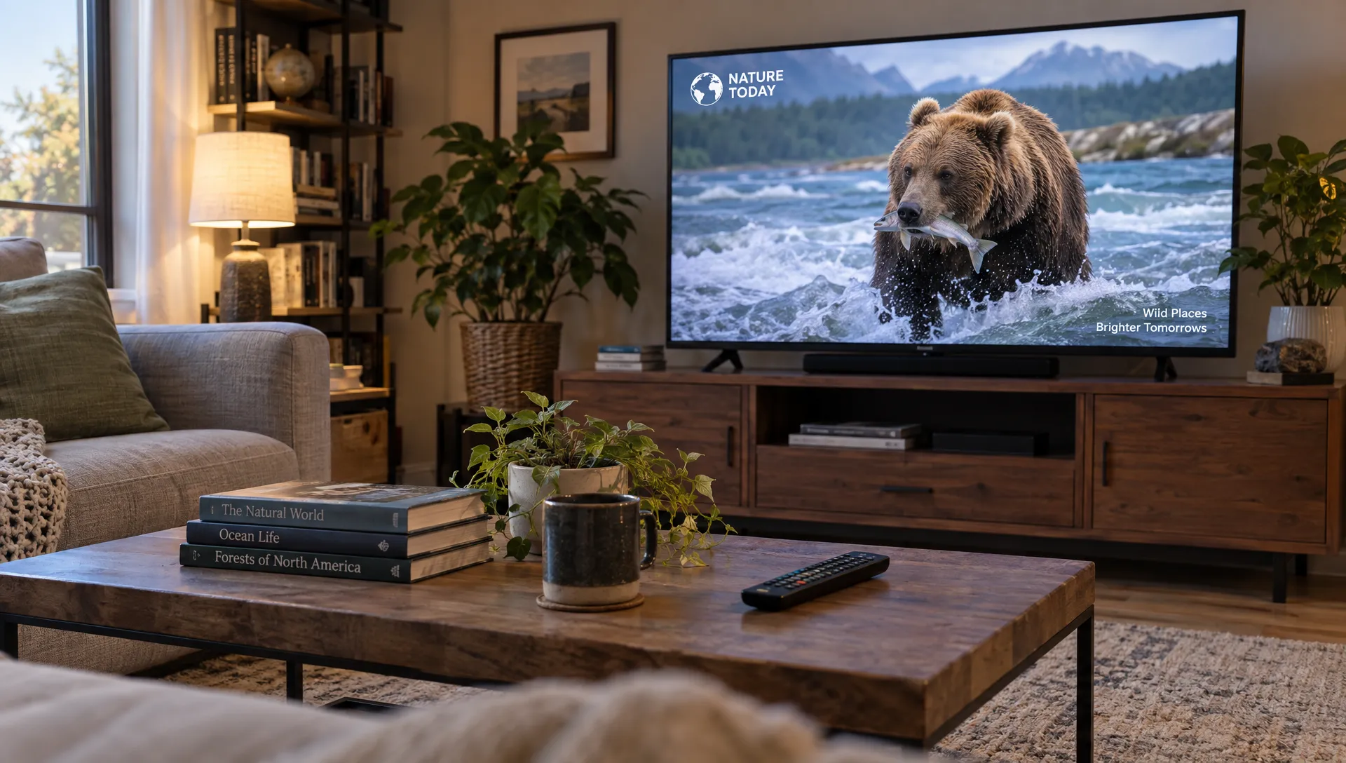 A nature documentary plays on a living-room television, with a remote on the coffee table and books beside the sofa.