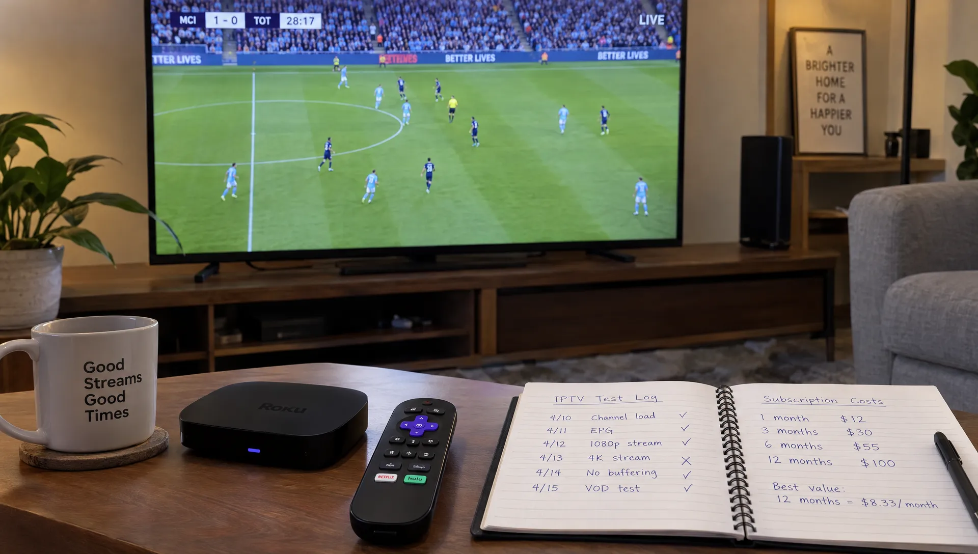 A soccer match plays on a television while a streaming device, remote and notebook with IPTV test logs and subscription calculations sit nearby.