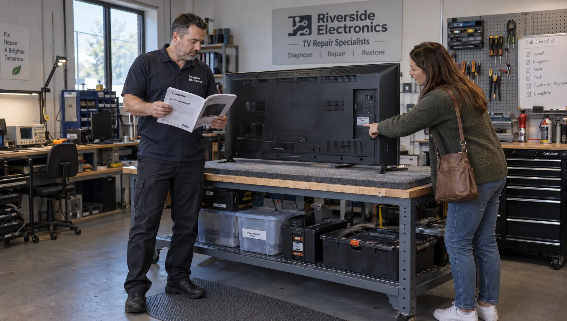 A technician discusses television compatibility with a customer, one useful check when comparing IPTV services and devices.
