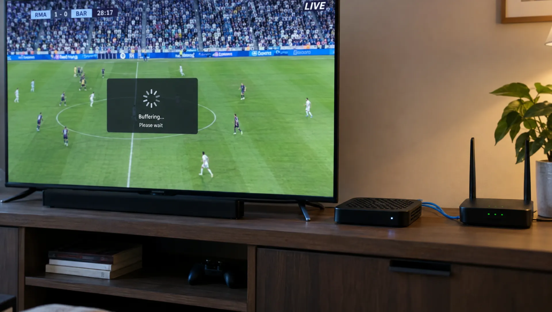 A television plays a soccer match beside a ventilated streaming box connected to a nearby router by Ethernet during an IPTV buffering test.
