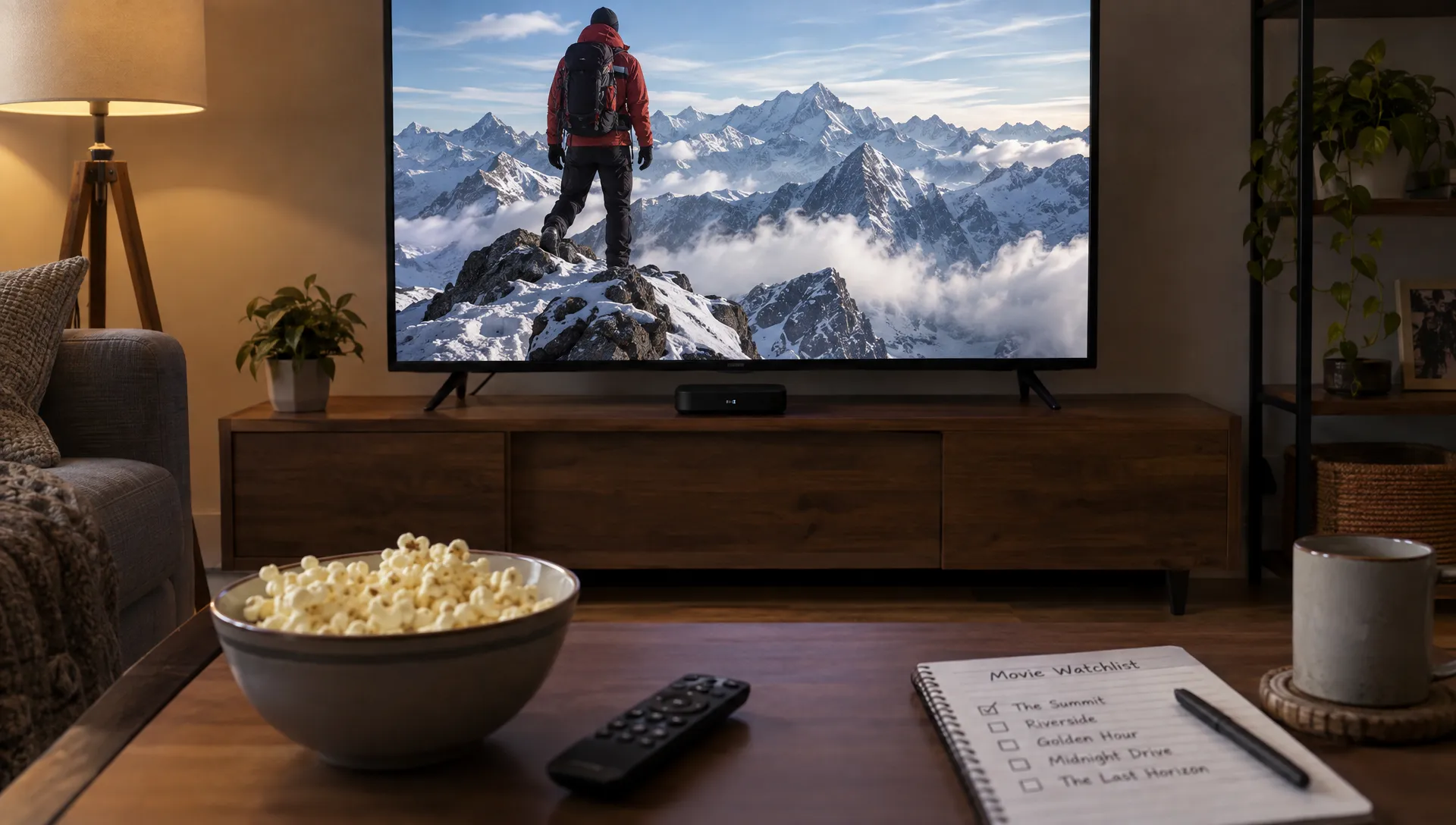 A television shows a fictional mountain film scene above a streaming device, with a remote and movie watchlist on the coffee table.