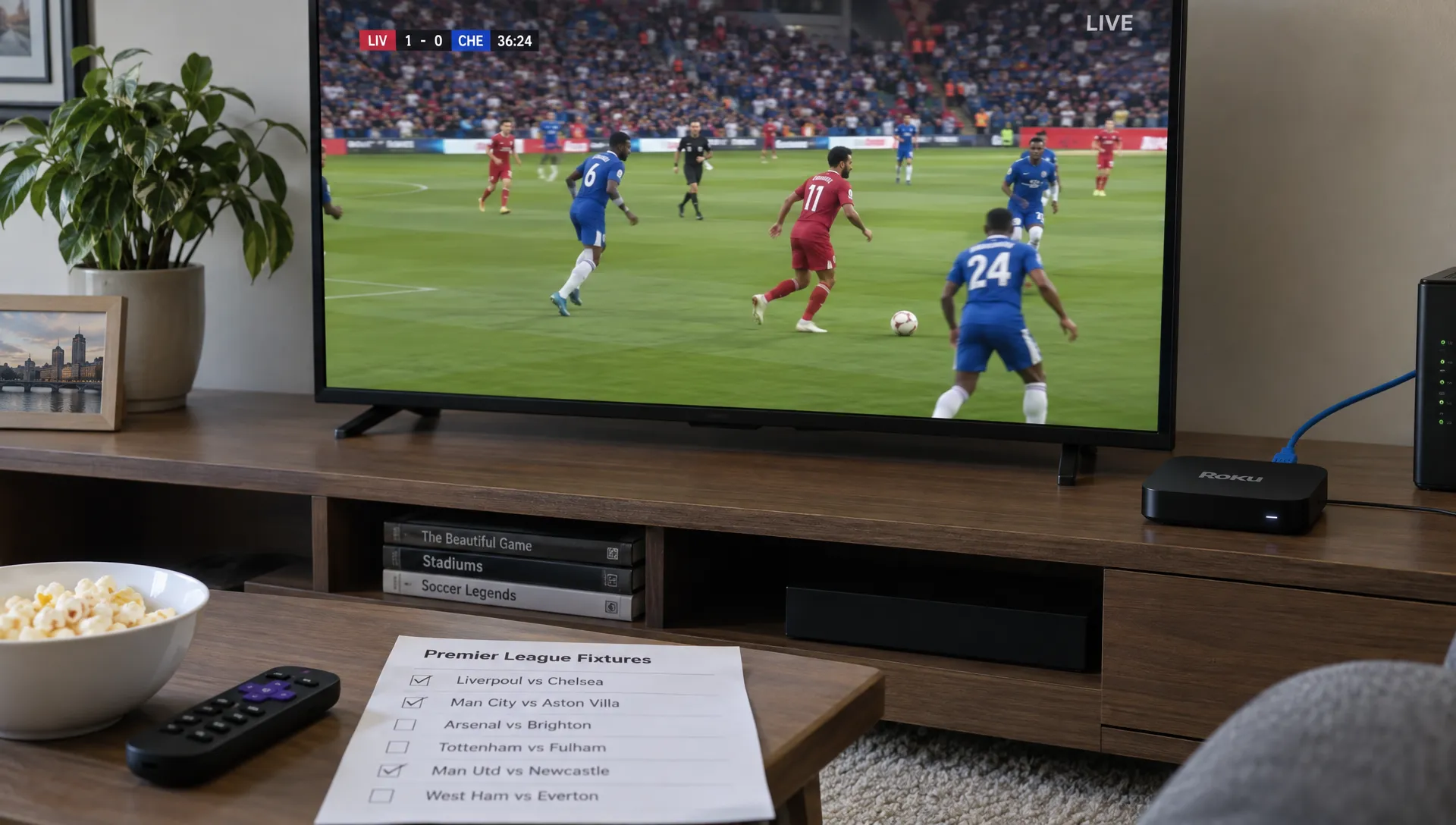 A television shows a live soccer match while an Ethernet-connected streaming device and printed fixture checklist sit on the media console.