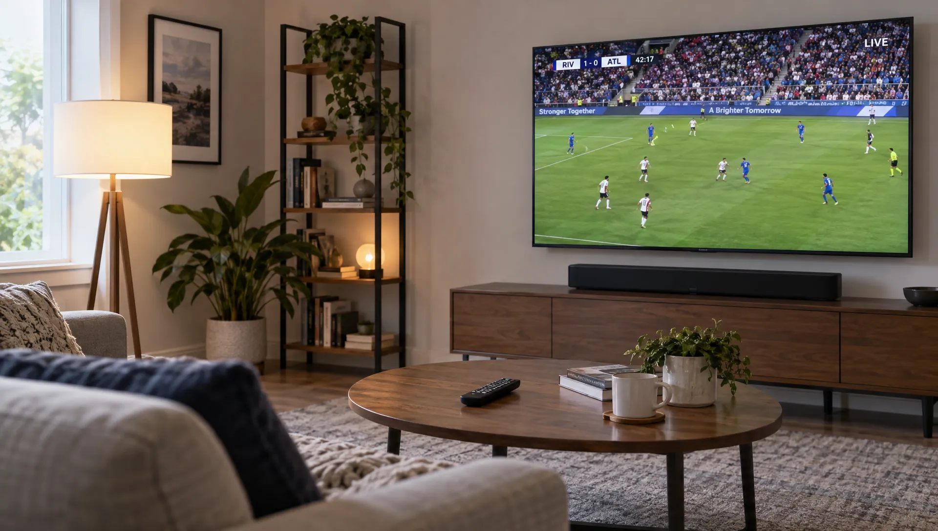 A television shows a soccer match across from a sofa, with a soundbar below the screen and a remote on the coffee table.