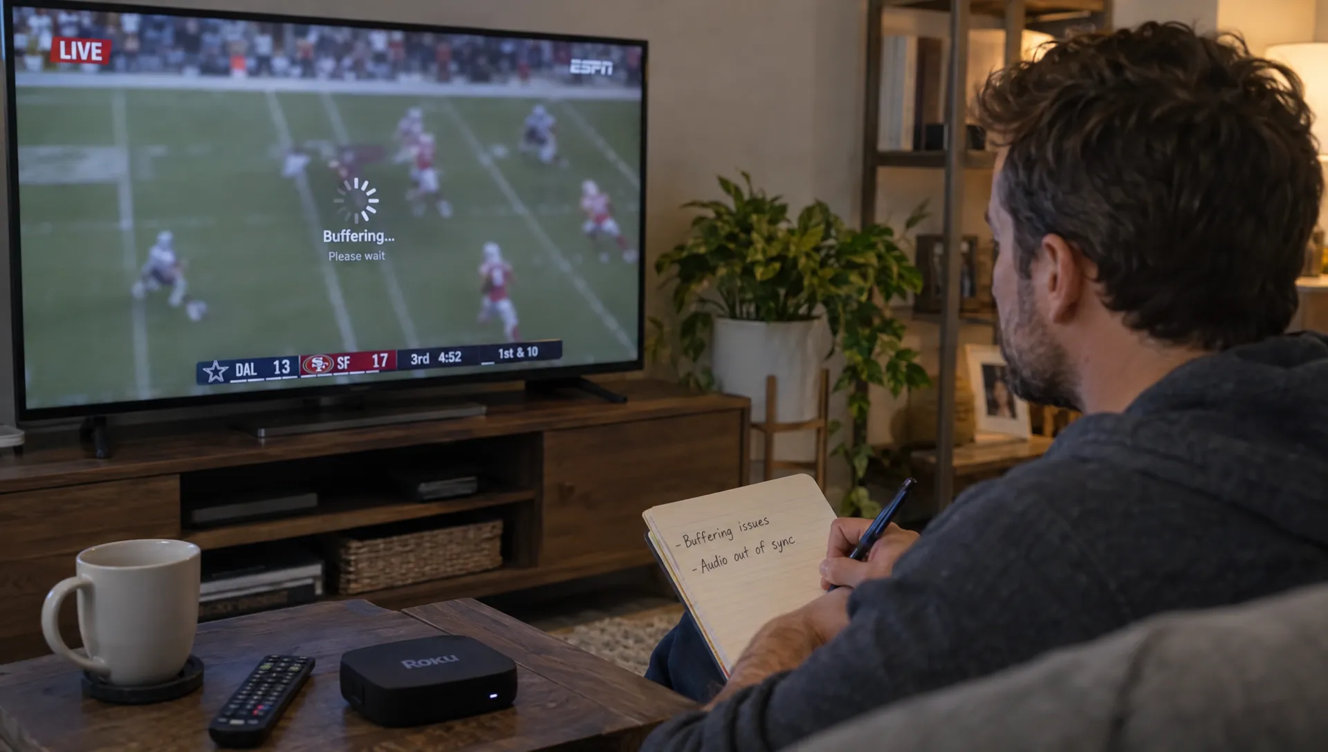 A viewer watches a live sports broadcast on a television while noting buffering and audio-sync issues in a notebook beside the streaming device.