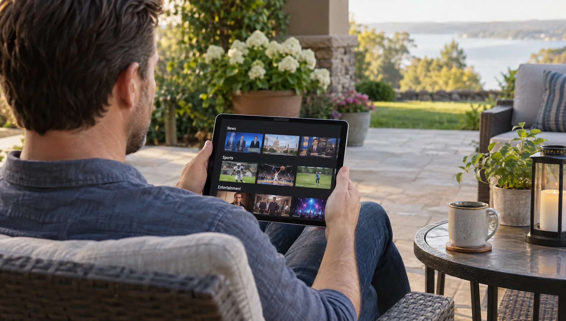 An adult checks regional news, sports, and entertainment listings on a tablet during a quiet break on a garden patio.