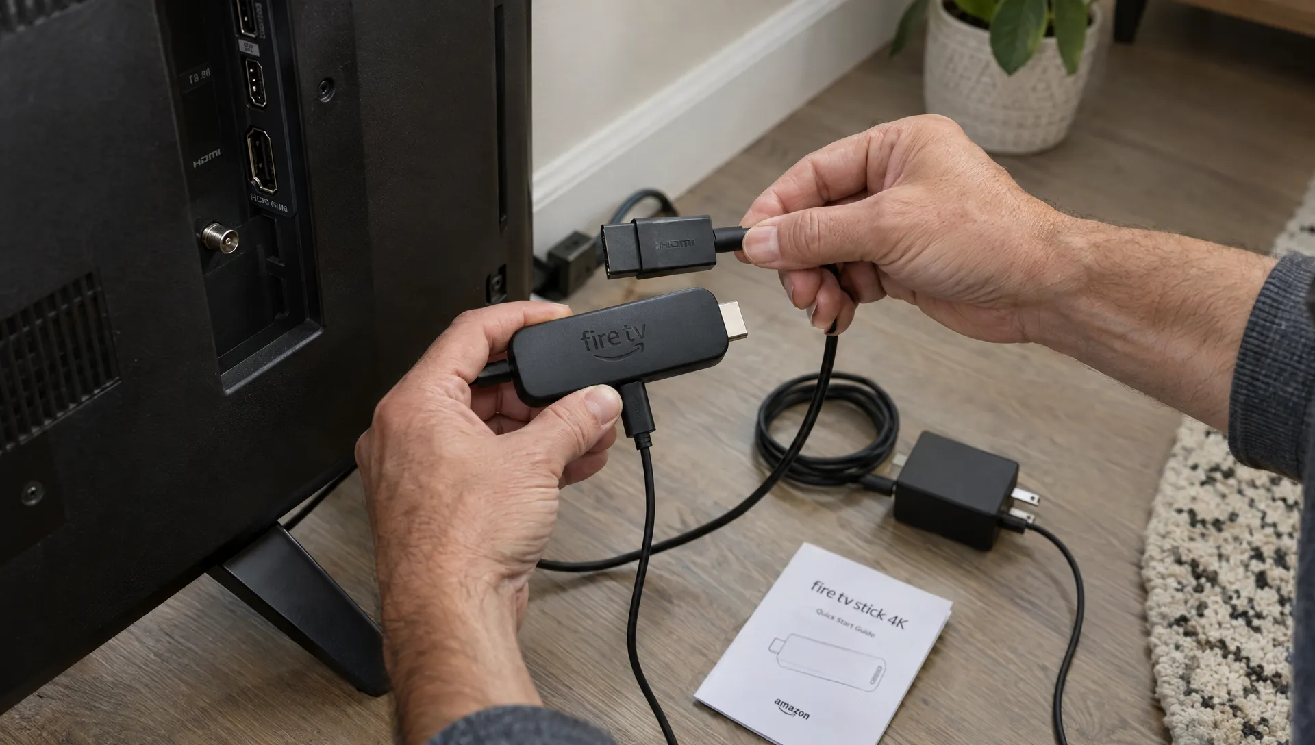 Hands connect the power adapter and HDMI extender to a Fire TV Stick 4K during setup.