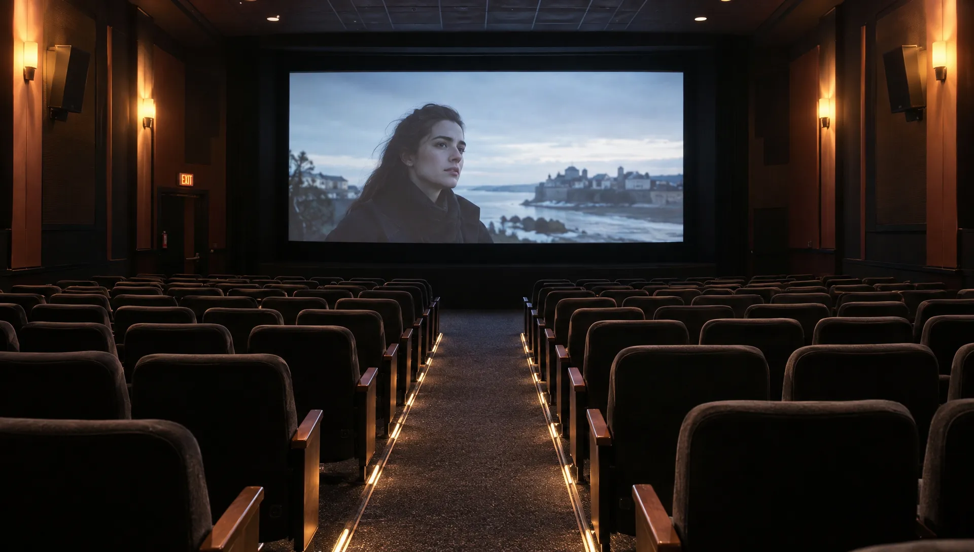 Rows of cinema seats face a film beginning on screen, evoking the movie experience viewers want from 4K VOD.