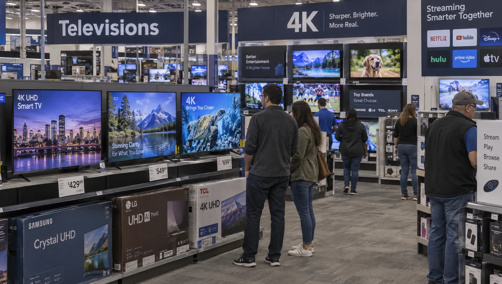 Shoppers compare televisions displaying different programs in an electronics store while considering 4K streaming options.