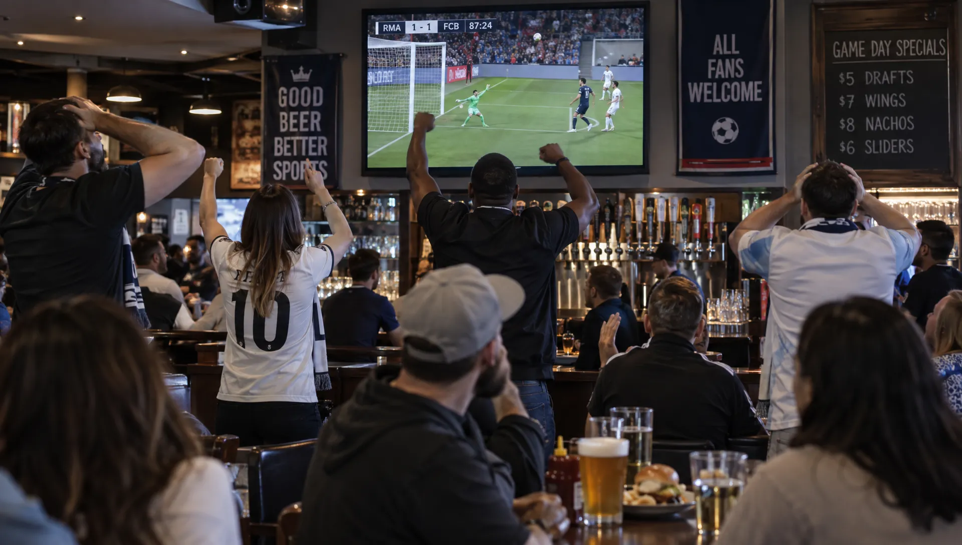 Soccer fans react together at a sports bar as a live match plays on the television above the counter.