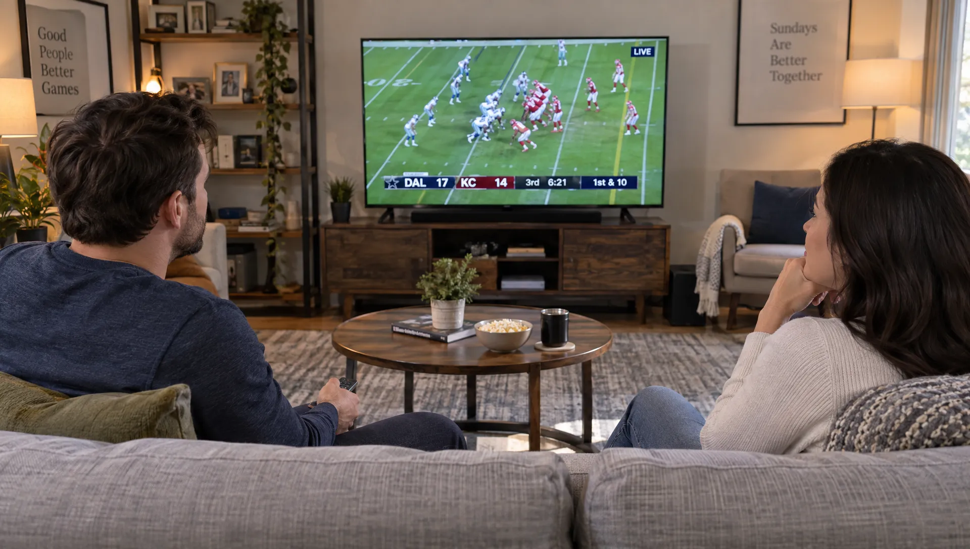 Two adults watch a live sports stream from a sofa, paying attention to the picture and sound during a home viewing session.